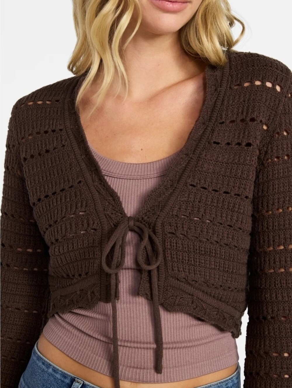 Cropped Brown Crochet Tie-Front Sweater XXL NWT - Picture 2 of 9